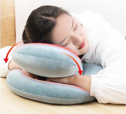 U-Shaped Desk Nap Pillow in various colors, designed for neck support and comfort during travel or desk use.