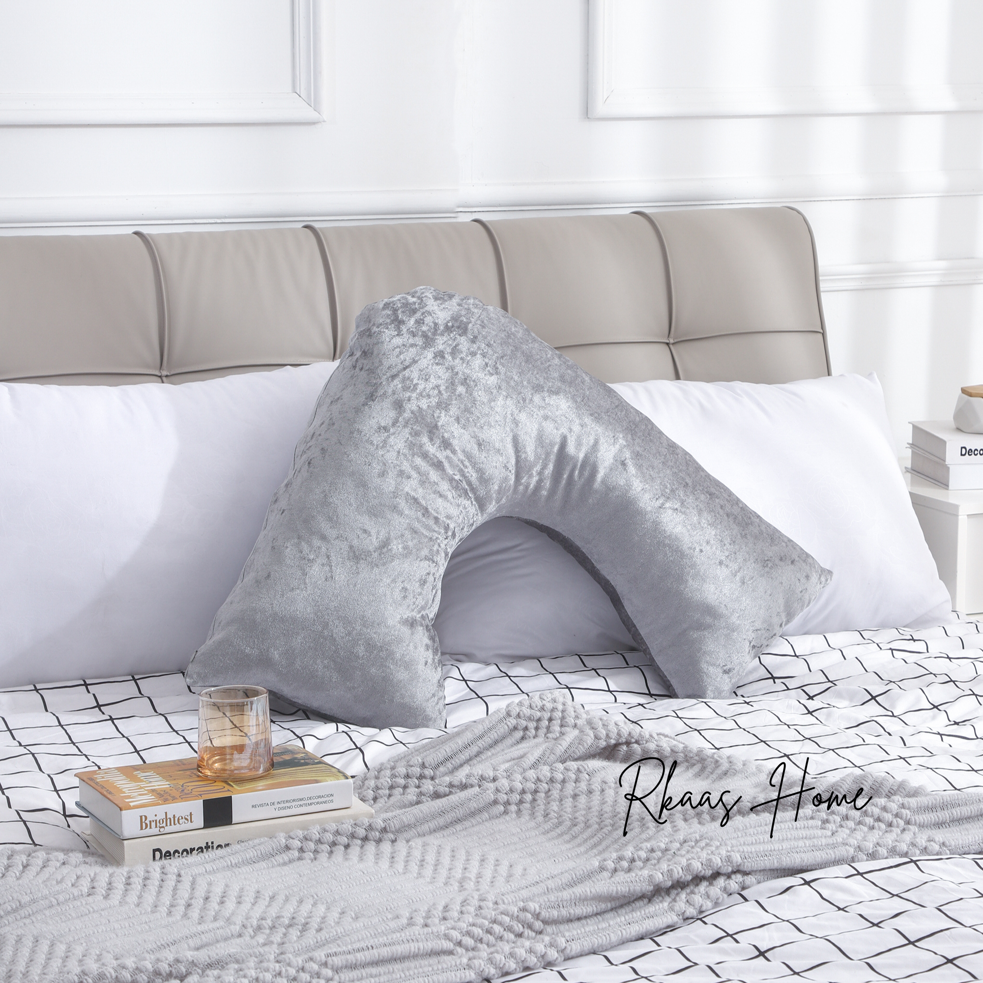 V Shaped Super Crushed Ice Velvet Cushion Cover in Silver Grey, showcasing its soft texture and elegant design.