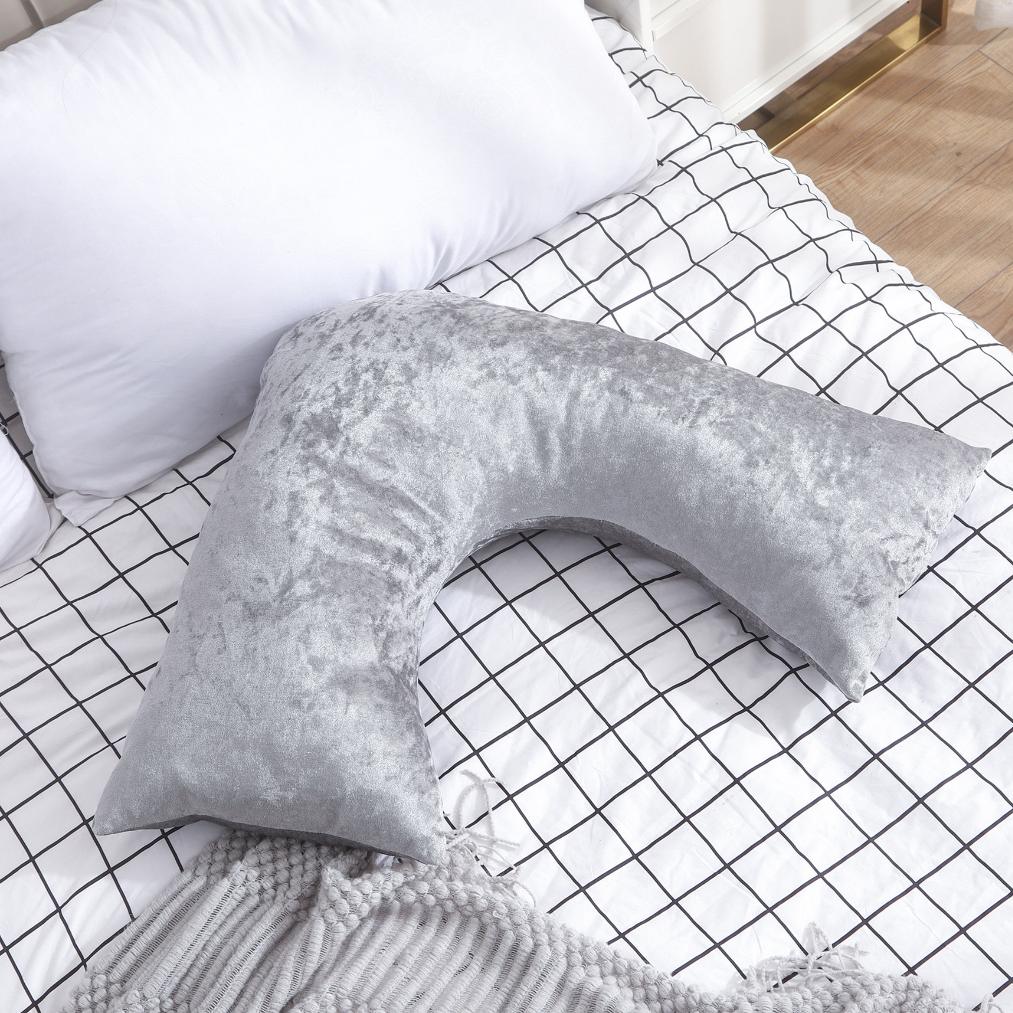 V Shaped Super Crushed Ice Velvet Cushion Cover in Silver Grey, showcasing its soft texture and elegant design.