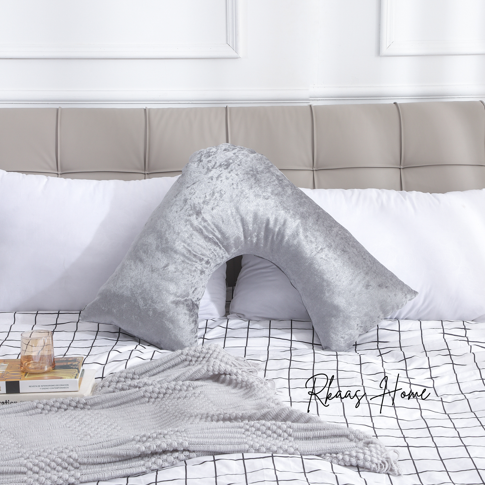 V Shaped Super Crushed Ice Velvet Cushion Cover in Silver Grey, showcasing its soft texture and elegant design.
