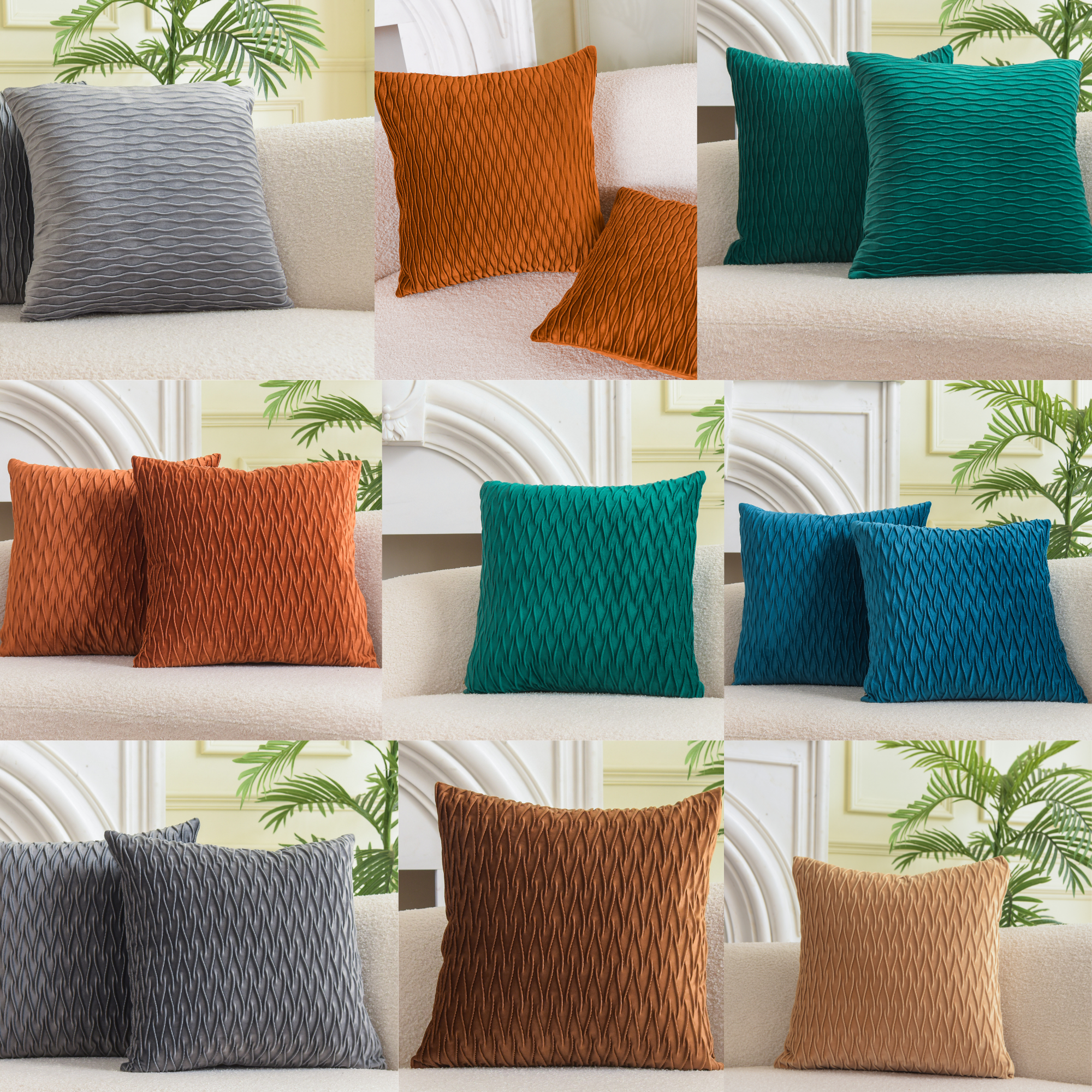 Wave pattern velvet cushion covers in various sizes, showcasing a luxurious texture and elegant design.
