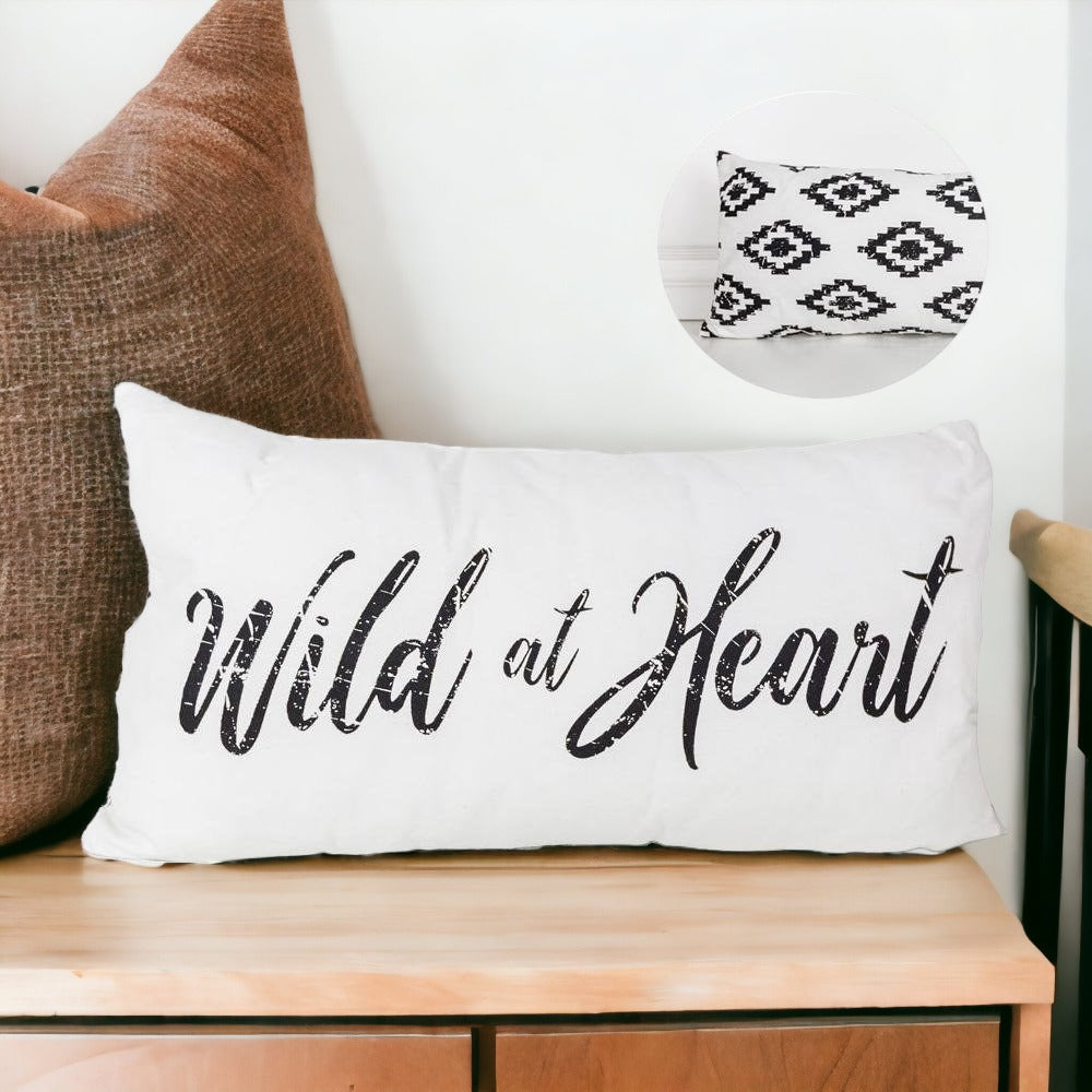Wild At Heart decorative pillow featuring a double-sided design, made from 100% cotton canvas with soft polyester fill, ideal for home decor.
