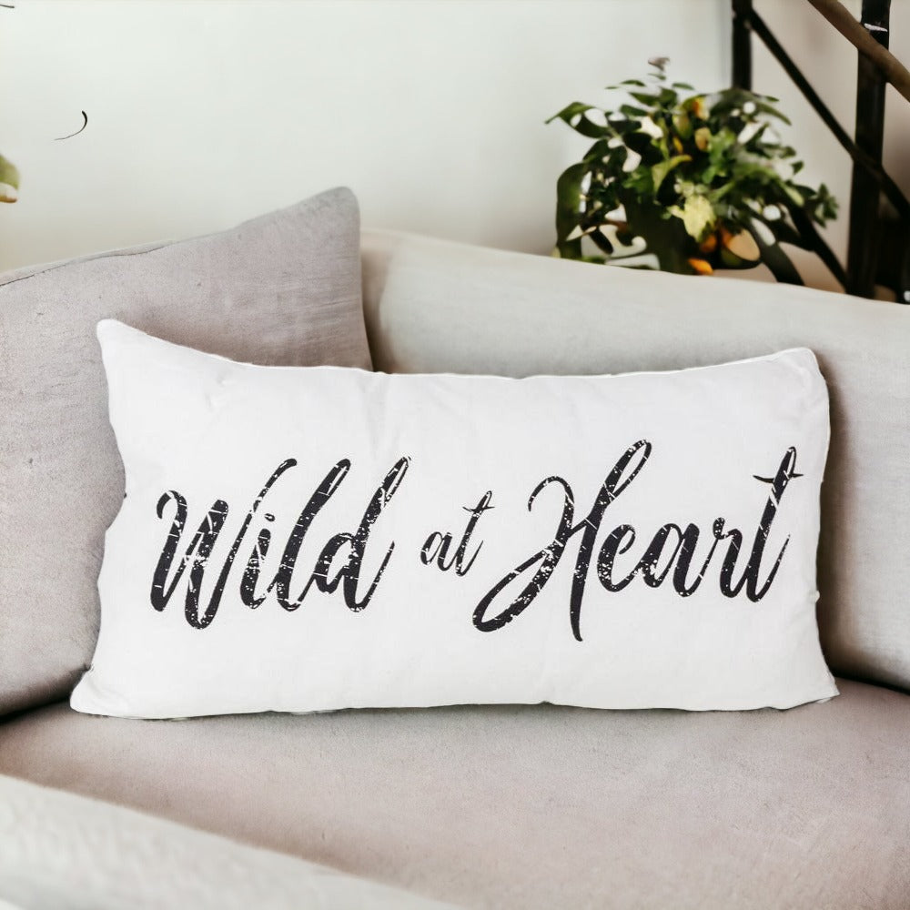 Wild At Heart decorative pillow featuring a double-sided design, made from 100% cotton canvas with soft polyester fill, ideal for home decor.