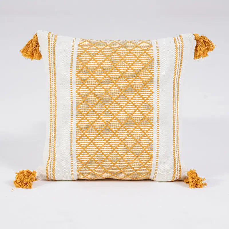 Woven Jacquard Tassel Cushion Cover featuring geometric patterns and delicate tassels, perfect for home decor.