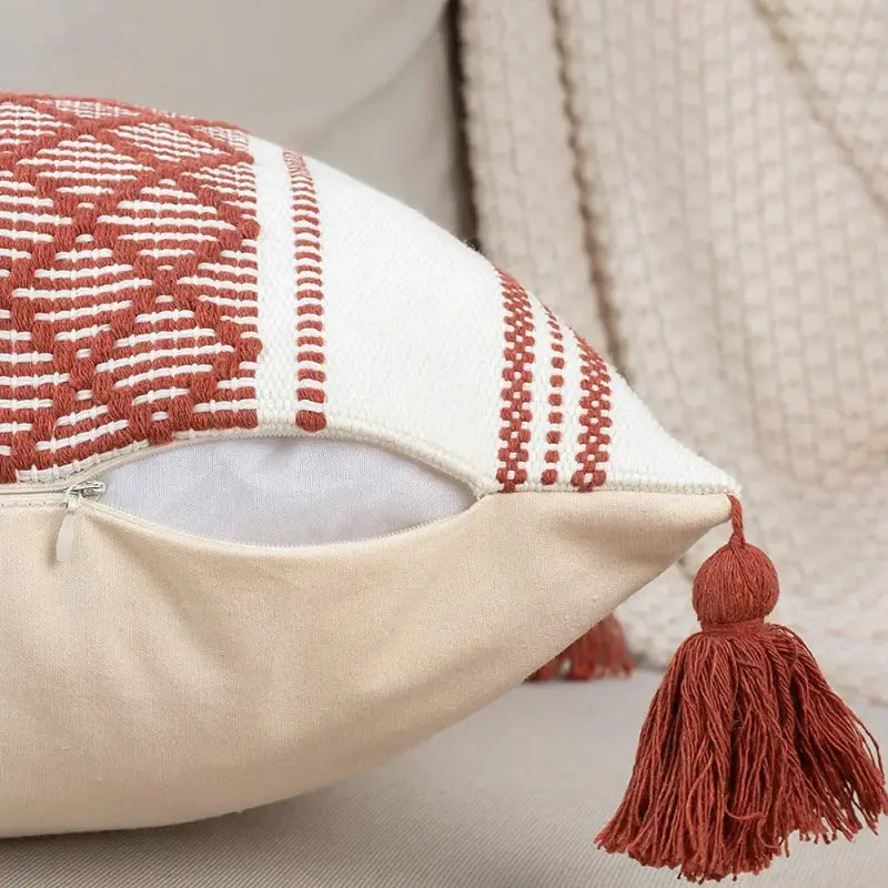 Woven Jacquard Tassel Cushion Cover featuring geometric patterns and delicate tassels, perfect for home decor.