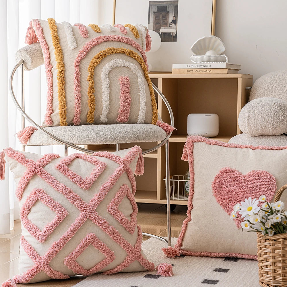 Woven Tufted Decorative Pillow Cover in pink boho design with tassels, showcasing a stylish and comfortable linen cotton blend.