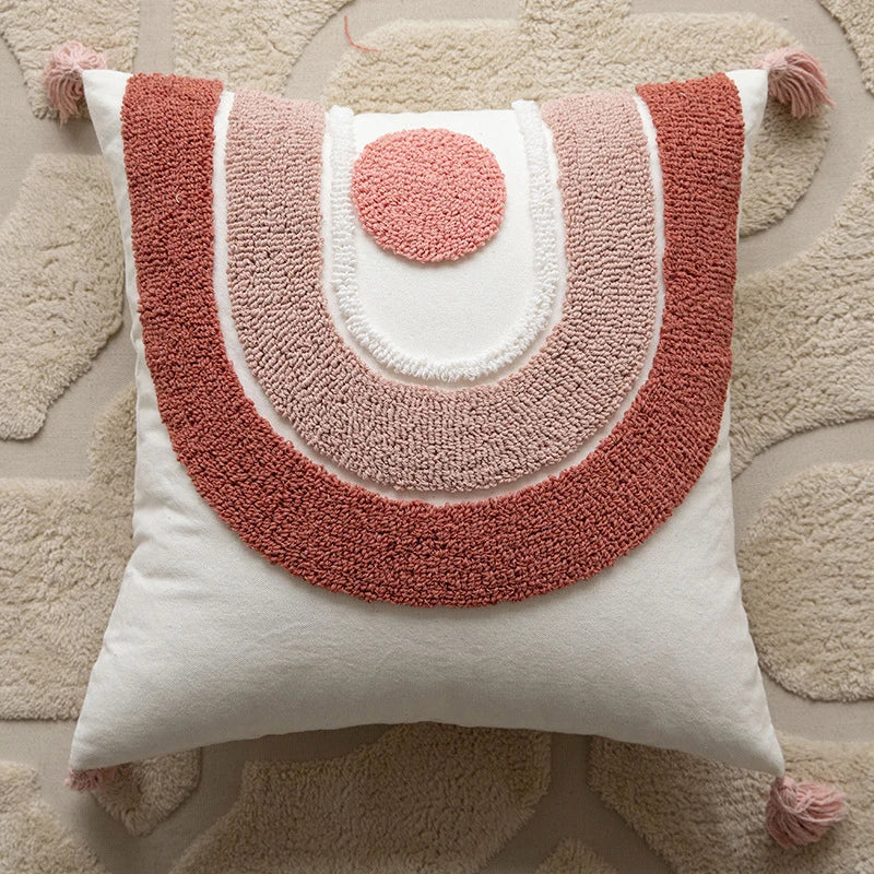 Woven Tufted Decorative Pillow Cover in pink boho design with tassels, showcasing a stylish and comfortable linen cotton blend.