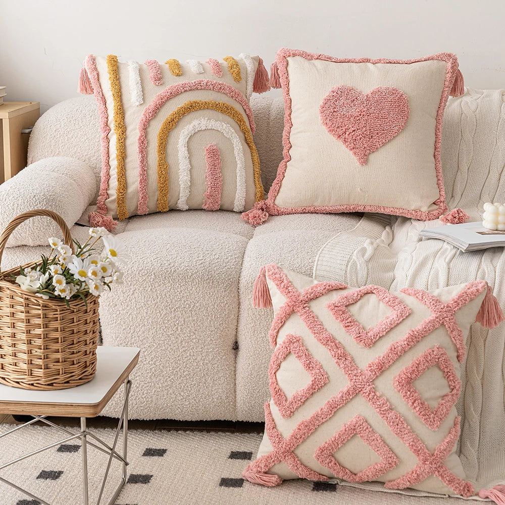 Woven Tufted Decorative Pillow Cover in pink boho design with tassels, showcasing a stylish and comfortable linen cotton blend.