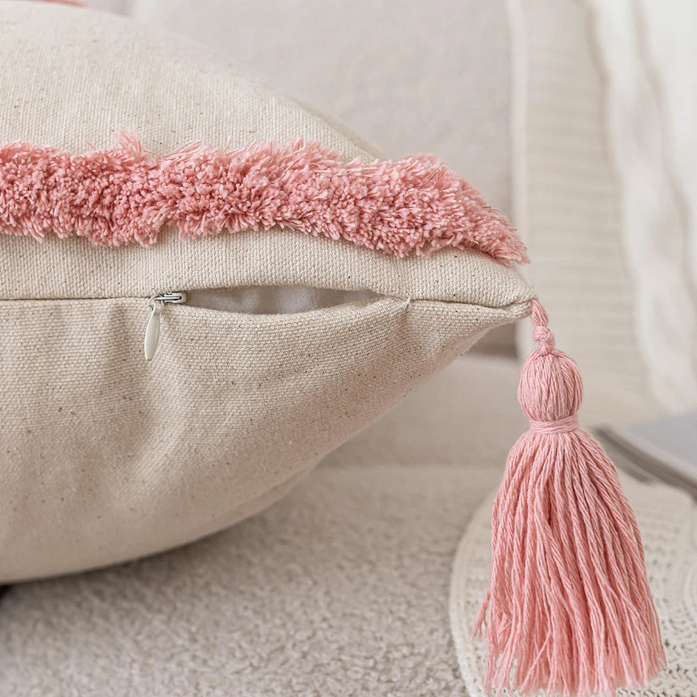 Woven Tufted Decorative Pillow Cover in pink boho design with tassels, showcasing a stylish and comfortable linen cotton blend.