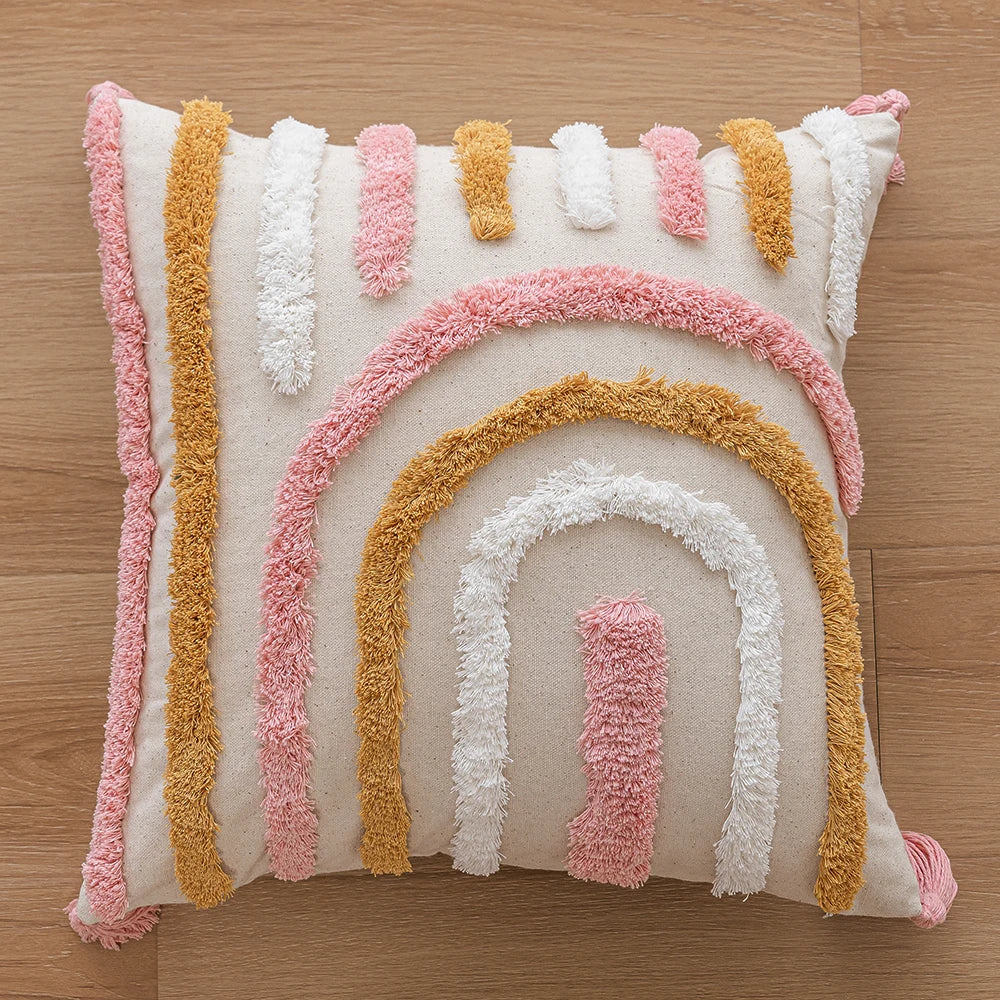 Woven Tufted Decorative Pillow Cover in pink boho design with tassels, showcasing a stylish and comfortable linen cotton blend.