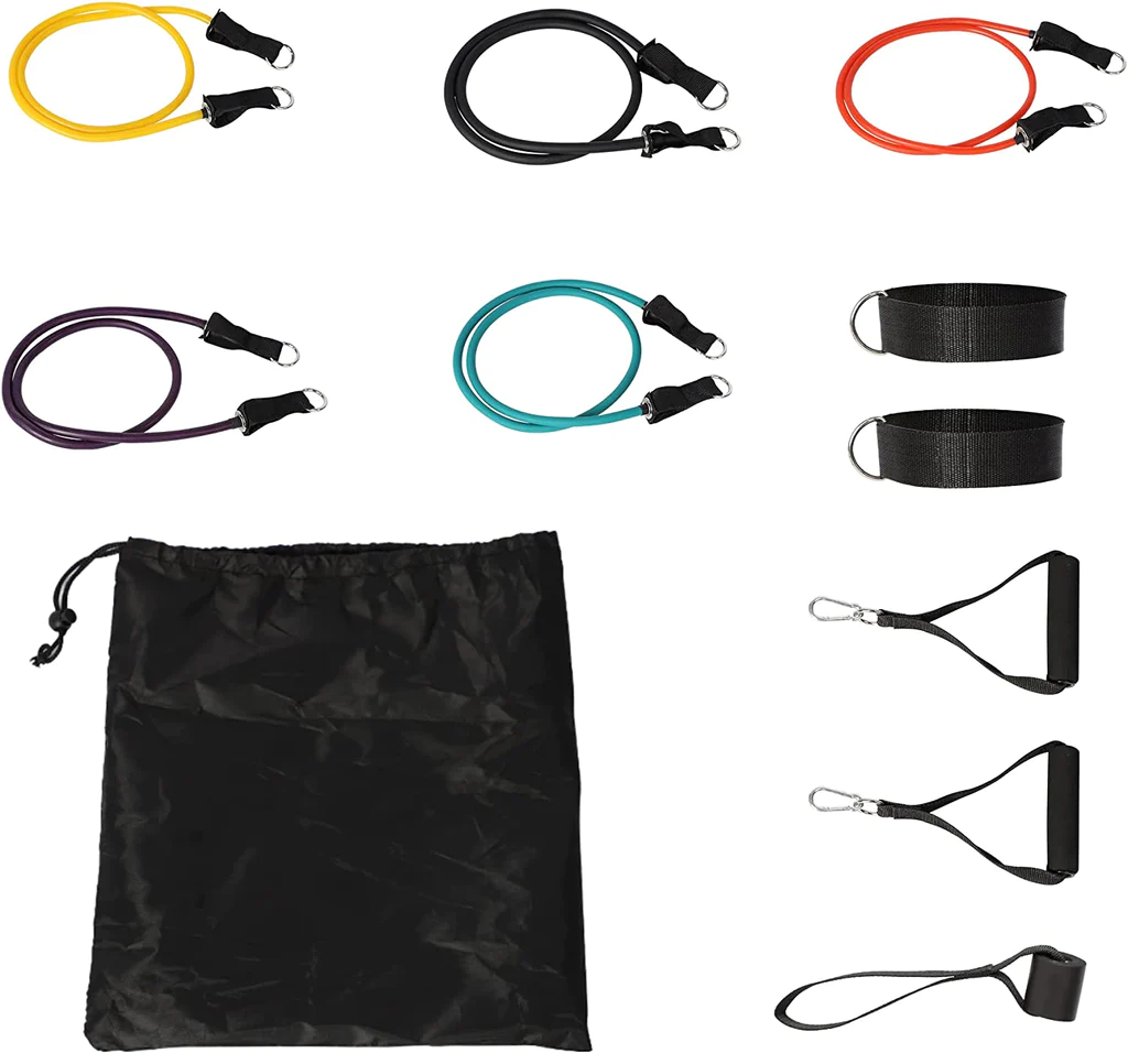 11 Pack Resistance Bands Set featuring various colored bands, door anchor, handles, and ankle straps in a carry bag.