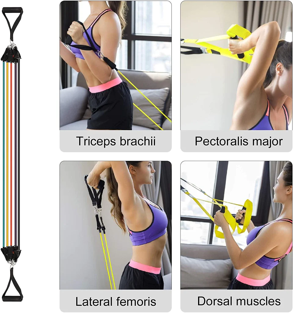 11 Pack Resistance Bands Set featuring various colored bands, door anchor, handles, and ankle straps in a carry bag.