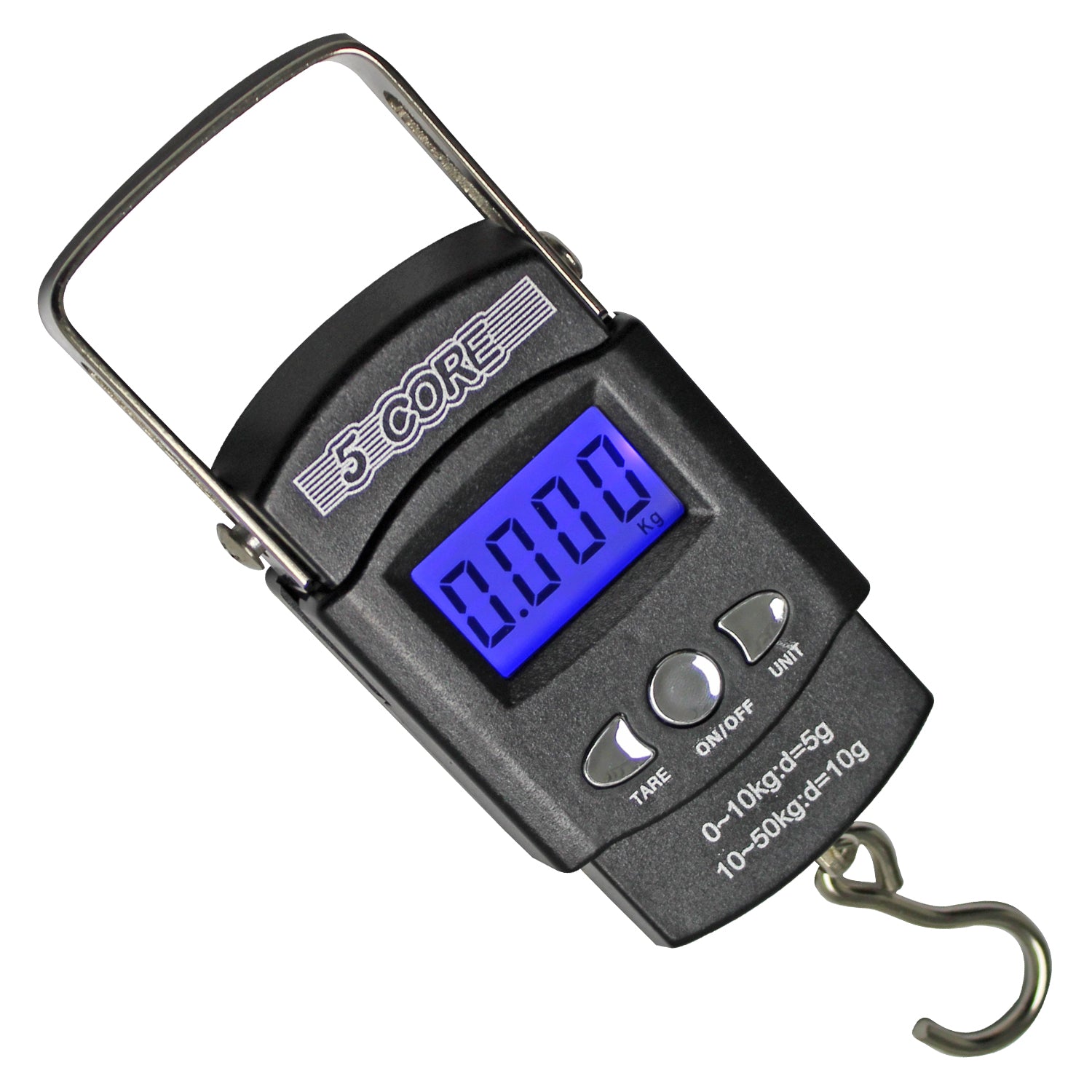 5Core Digital Fishing Scale with stainless steel hook and LCD display, designed for weighing fish and luggage up to 110lb.