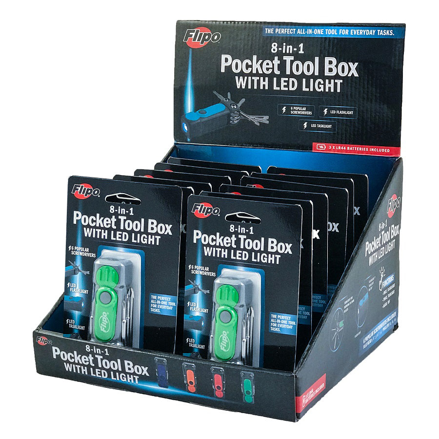 8-in-1 Pocket Tool Box featuring LED flashlight and task light, compact design with multiple screwdriver options in vibrant colors.