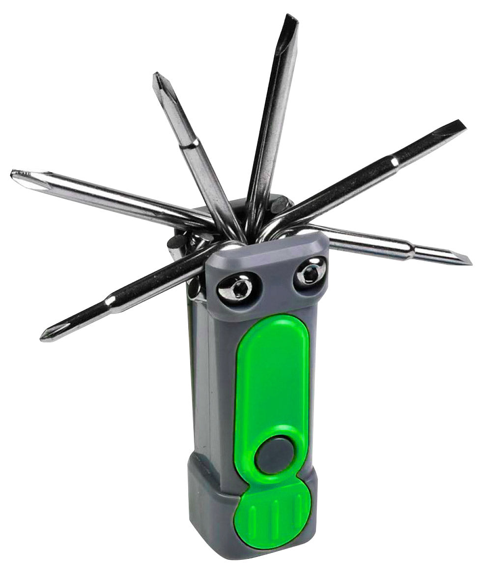 8-in-1 Pocket Tool Box featuring LED flashlight and task light, compact design with multiple screwdriver options in vibrant colors.