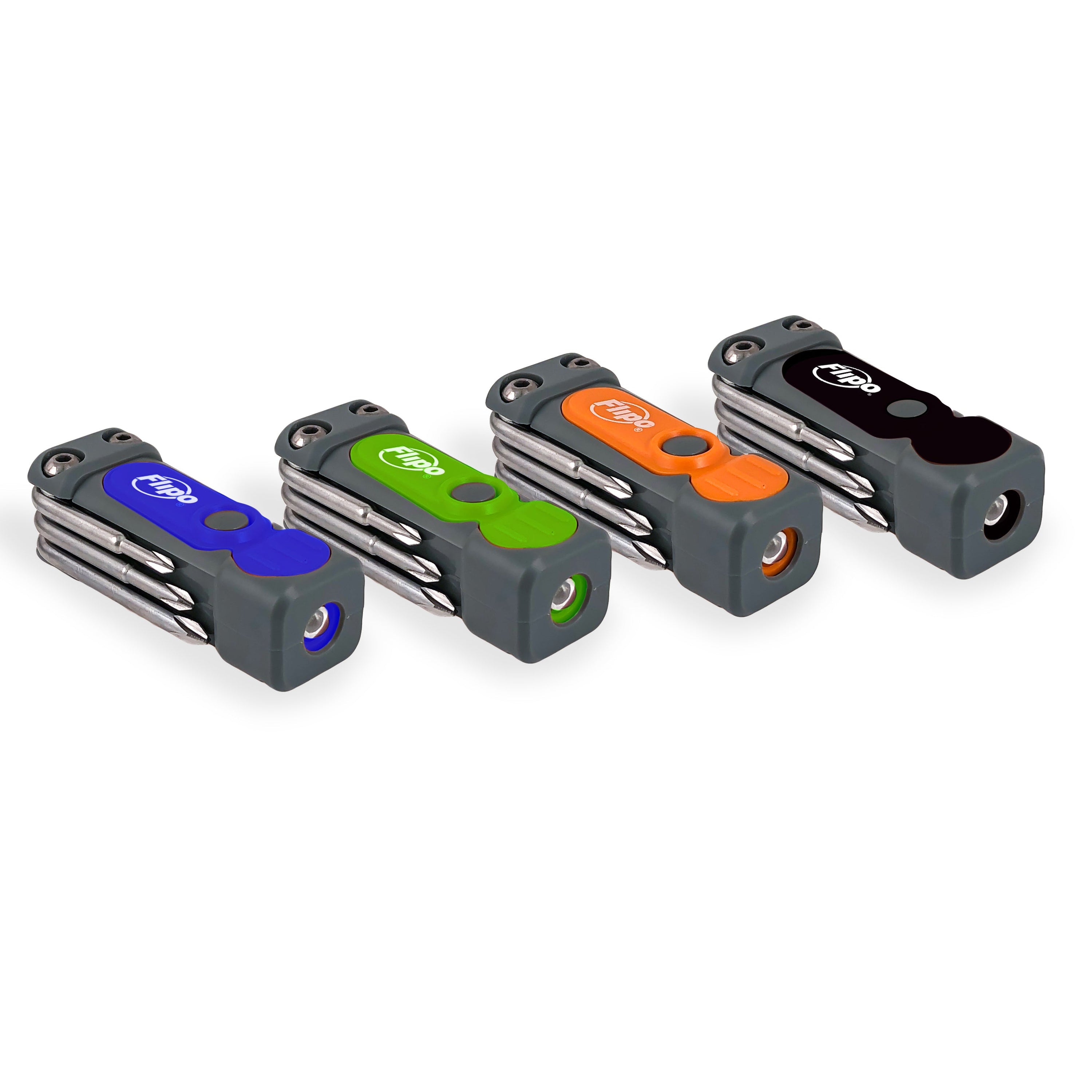 8-in-1 Pocket Tool Box featuring LED flashlight and task light, compact design with multiple screwdriver options in vibrant colors.