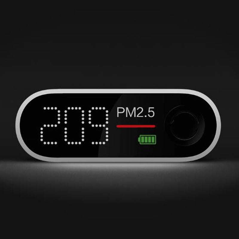 Air Quality Meter Monitor Sensor displaying PM2.5 levels, featuring a sleek design and one-button operation for easy use.