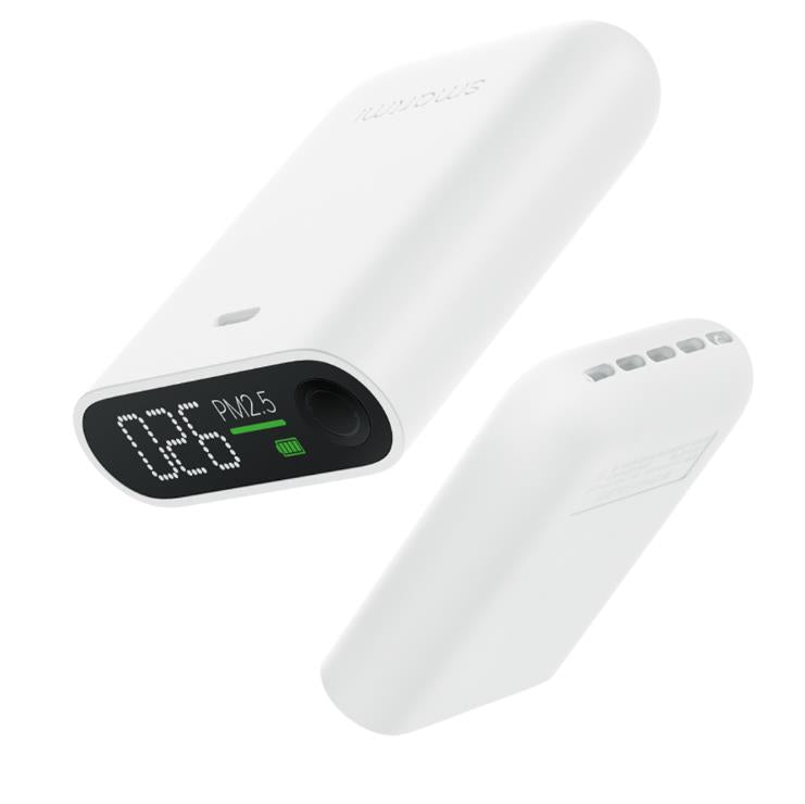Air Quality Meter Monitor Sensor displaying PM2.5 levels, featuring a sleek design and one-button operation for easy use.
