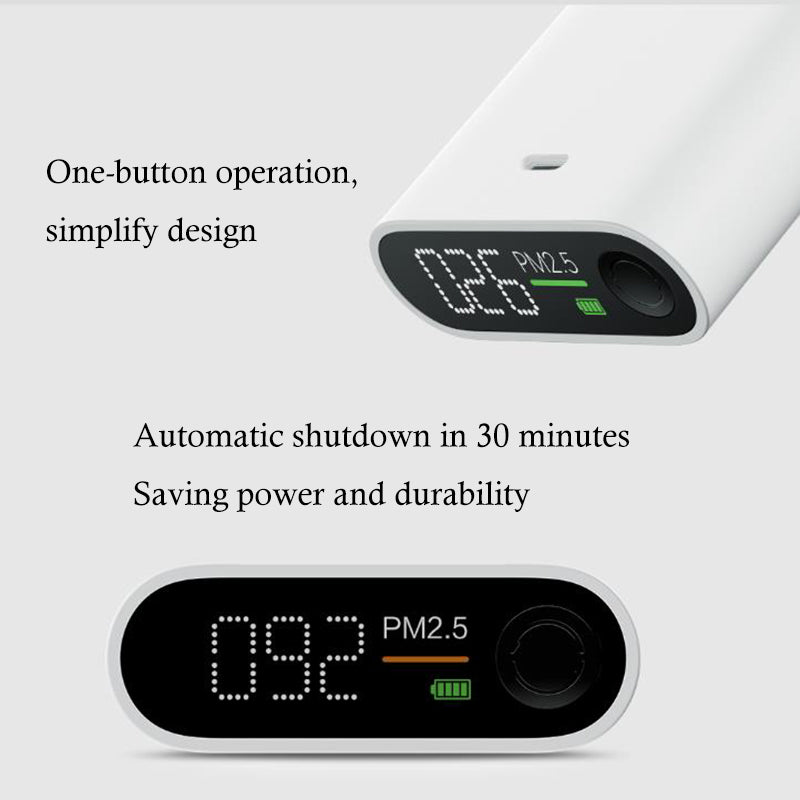 Air Quality Meter Monitor Sensor displaying PM2.5 levels, featuring a sleek design and one-button operation for easy use.