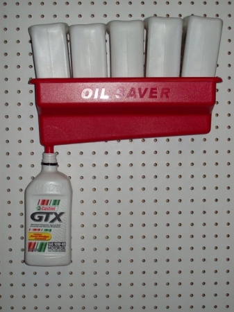 Plastic oil container storage rack.