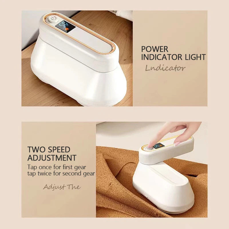 Rechargeable fabric shaver and lint remover in beige color, featuring a stainless steel mesh and ergonomic design for effective fuzz removal.