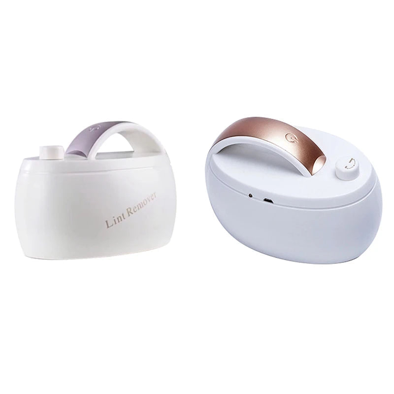Rechargeable fabric shaver in white and gold, designed for removing lint and fuzz from various fabrics.