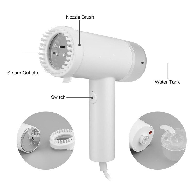 Handheld 1000W Powerful Steamer Brush with detachable head, showcasing its sleek design and integrated water tank.