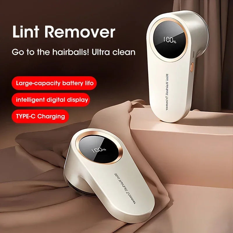Portable electric lint remover with LED display and Type-C charging port, designed for efficient fuzz removal from various fabrics.