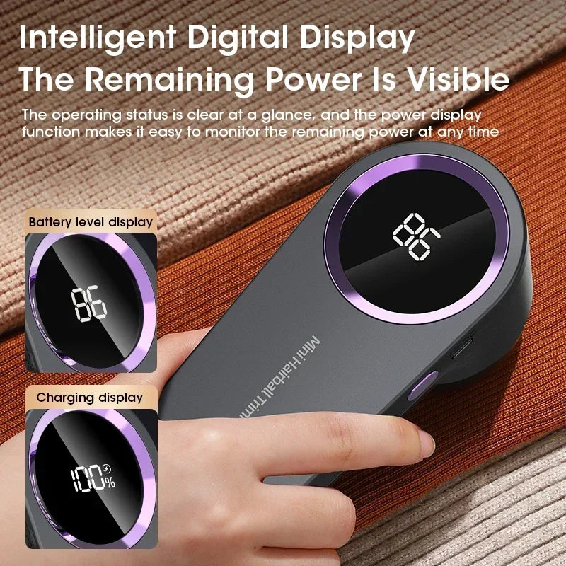 Portable electric lint remover with LED display and Type-C charging port, designed for efficient fuzz removal from various fabrics.