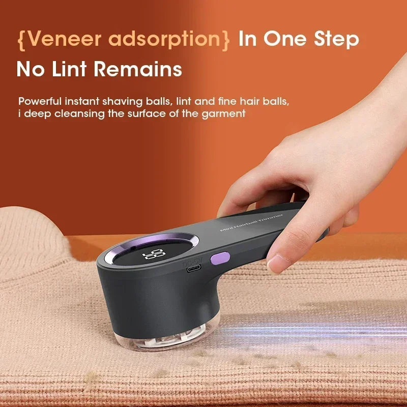Portable electric lint remover with LED display and Type-C charging port, designed for efficient fuzz removal from various fabrics.