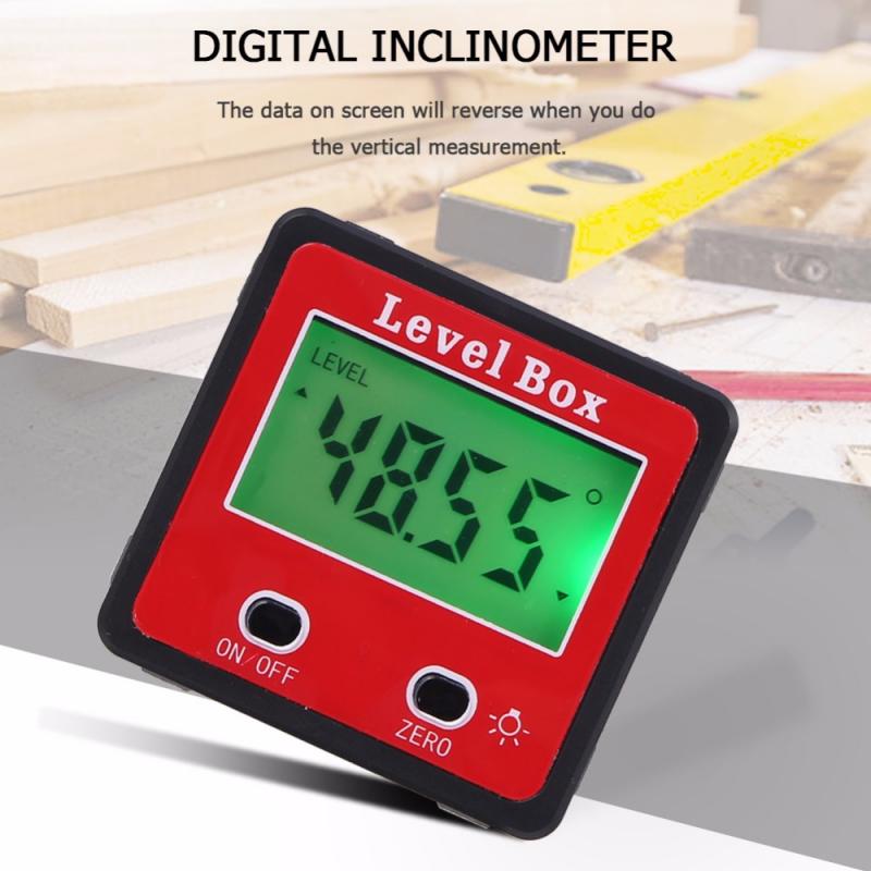 Red Precision Digital Double Key Inclinometer with LCD display and built-in magnets for accurate angle measurements.