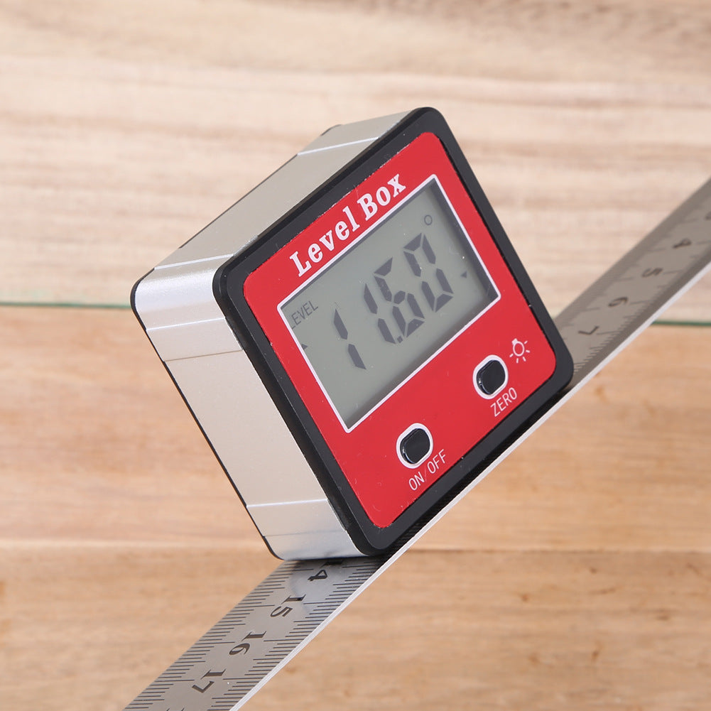 Red Precision Digital Double Key Inclinometer with LCD display and built-in magnets for accurate angle measurements.