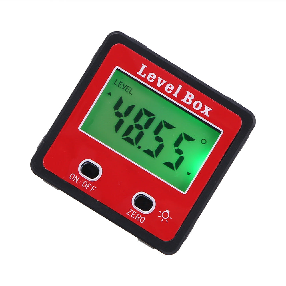 Red Precision Digital Double Key Inclinometer with LCD display and built-in magnets for accurate angle measurements.