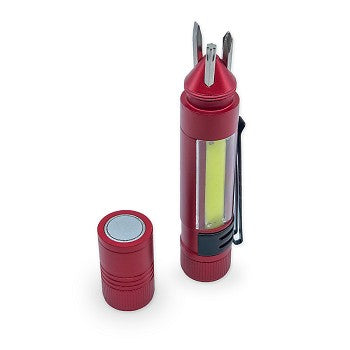Stinger Multi-Tool featuring a COB LED task light and screwdriver set, showcasing its compact design and integrated pocket clip.