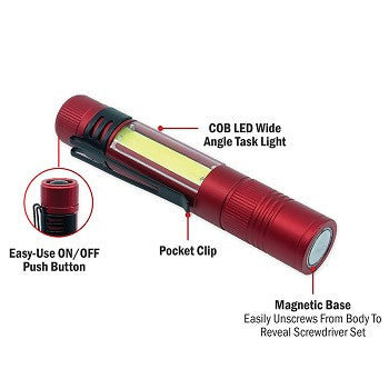 Stinger Multi-Tool featuring a COB LED task light and screwdriver set, showcasing its compact design and integrated pocket clip.
