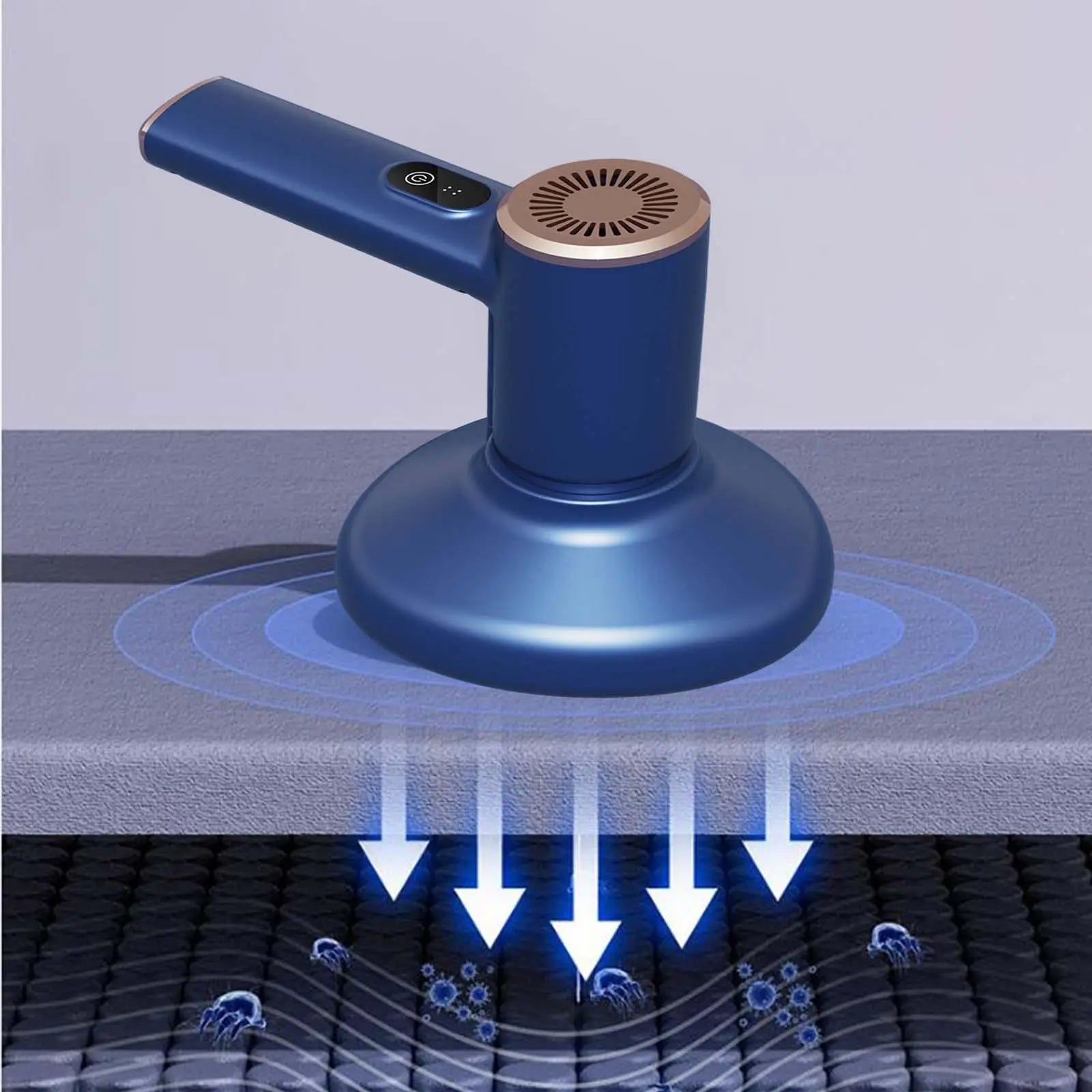 Handheld vacuum cleaner designed for effective cleaning of beds, carpets, and furniture, showcasing its sleek design and powerful suction capabilities.