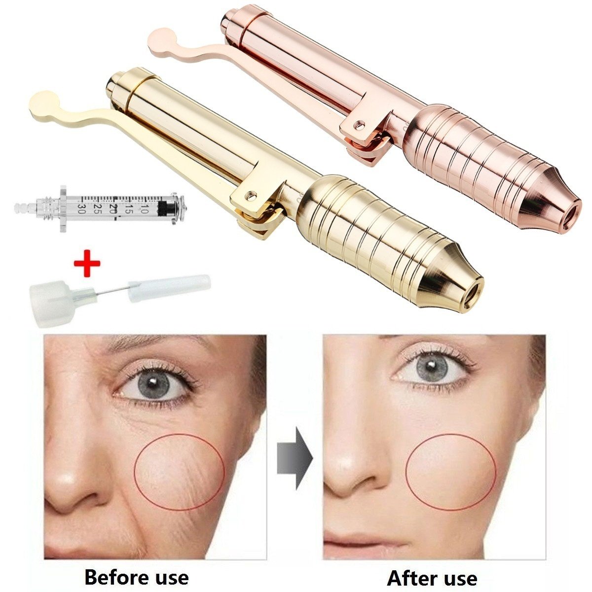 0.3ml Hyaluron Pen in Gold and Rose Gold colors, designed for non-invasive lip lifting and wrinkle removal.