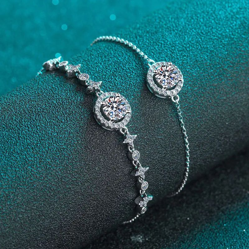 1 Carat Morganite Sterling Silver Bracelet with celestial-inspired design featuring stars, moon, and clouds, showcasing exquisite craftsmanship.