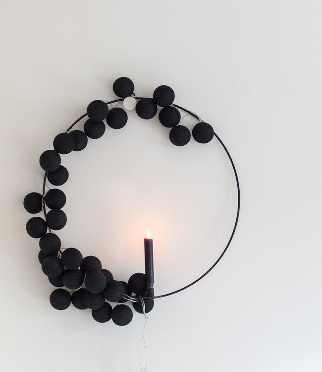 A set of 20 LED black cotton ball string lights, showcasing 5cm diameter balls on a 3-meter wire, perfect for indoor and outdoor decoration.