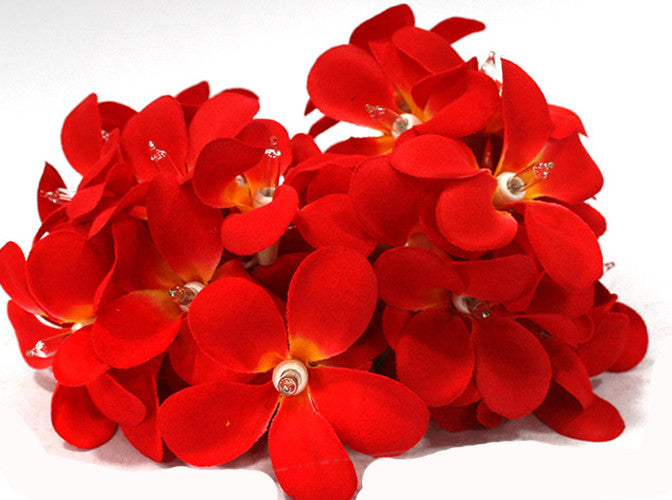 A set of 20 LED deep red frangipani flower string lights on a wire, perfect for decoration.