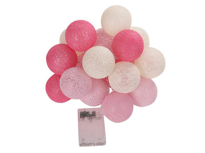 A set of 20 pink cotton ball string lights, battery powered, perfect for decoration.