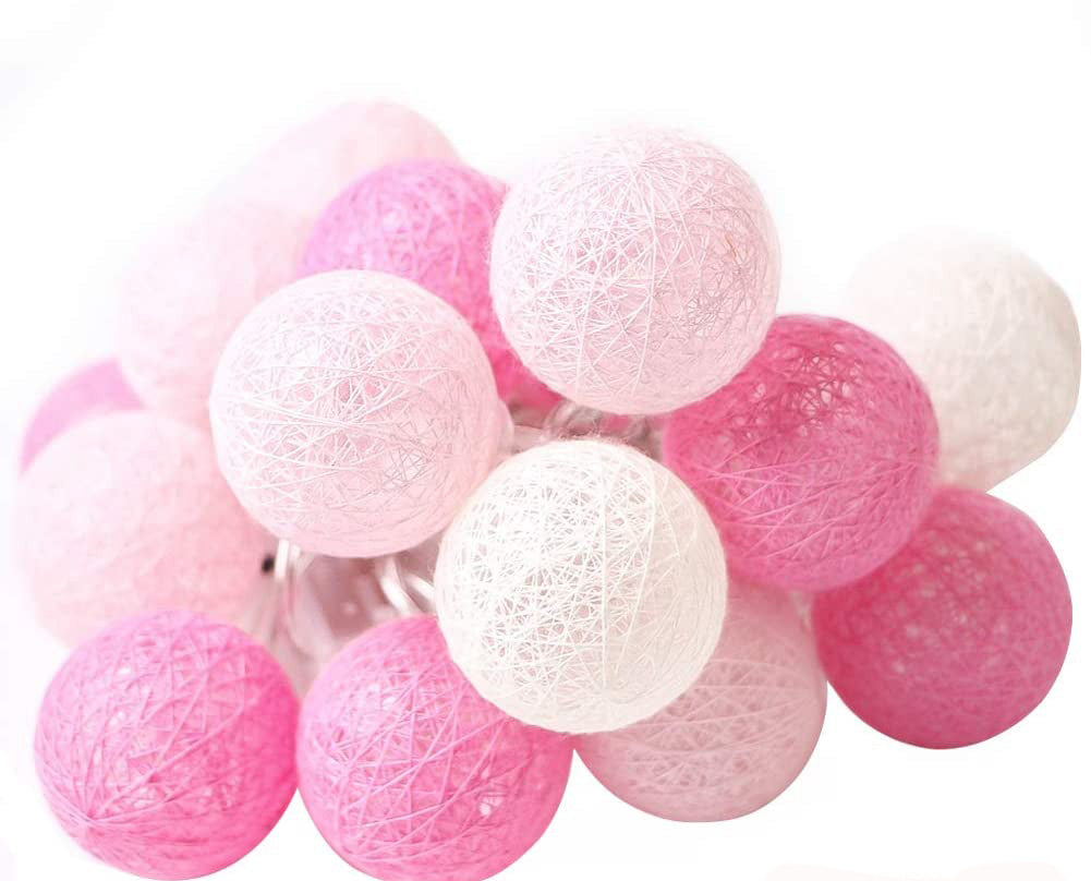 A set of 20 pink cotton ball string lights, battery powered, perfect for decoration.
