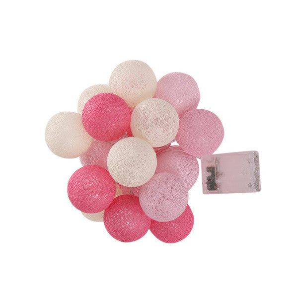 A set of 20 pink cotton ball string lights, battery powered, perfect for decoration.