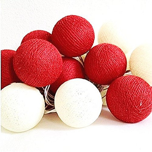 A set of 20 LED red and white cotton ball string lights, showcasing vibrant colors and a cozy glow, perfect for decoration.
