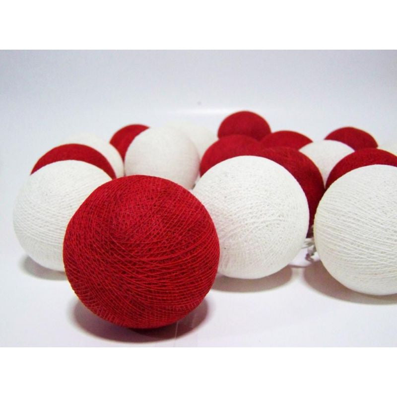 A set of 20 LED red and white cotton ball string lights, showcasing vibrant colors and a cozy glow, perfect for decoration.