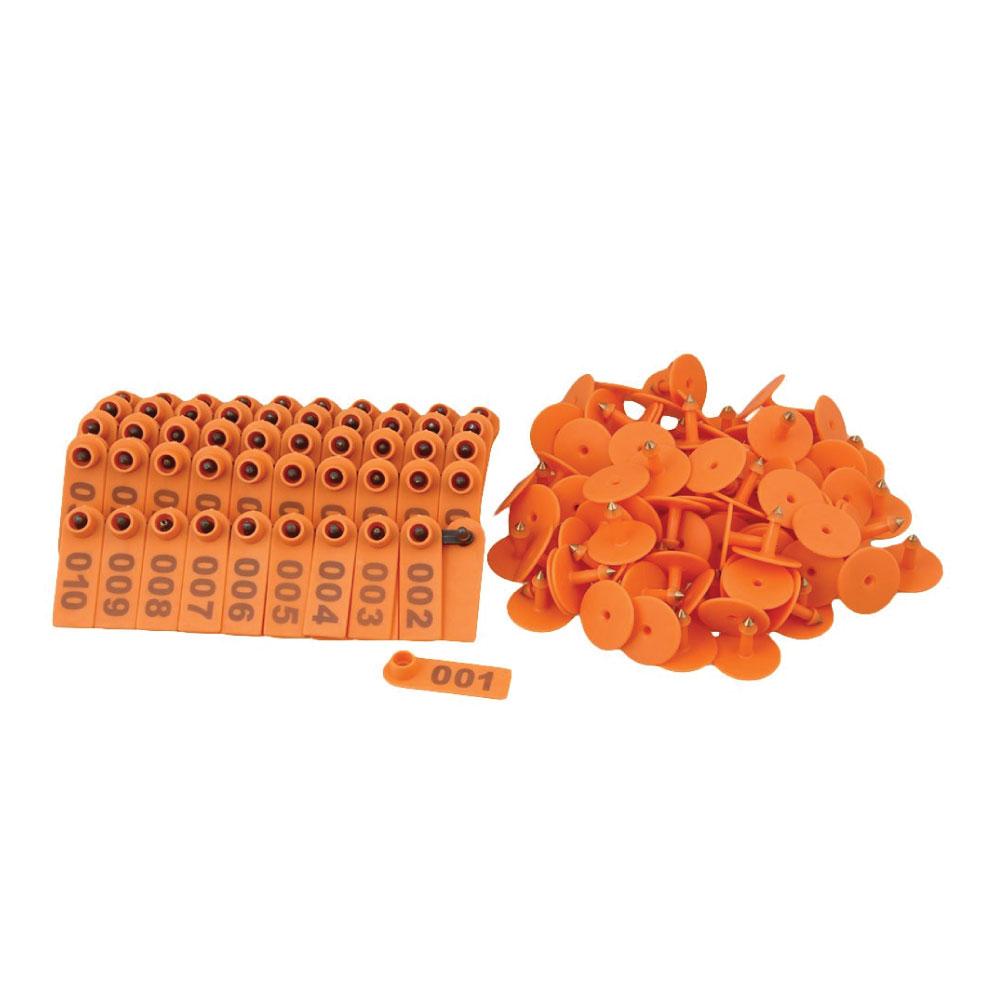 Orange numbered ear tags for livestock identification, suitable for cattle, pigs, and sheep, measuring 5x2cm.