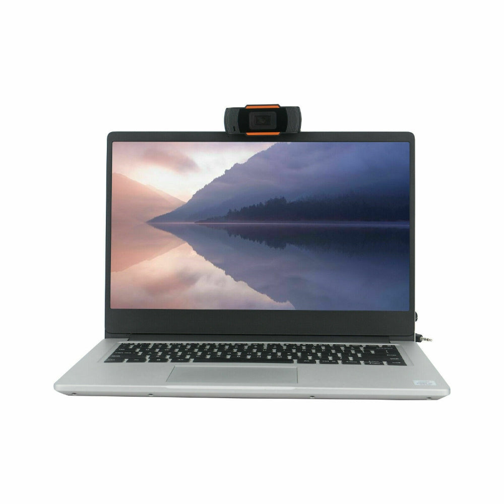 110 Degree Webcam with 12MP resolution and built-in microphone, featuring a sleek black and orange design.