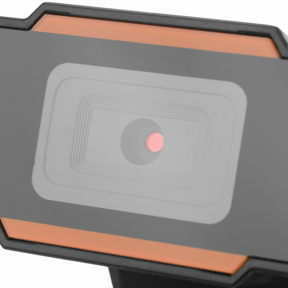 110 Degree Webcam with 12MP resolution and built-in microphone, featuring a sleek black and orange design.