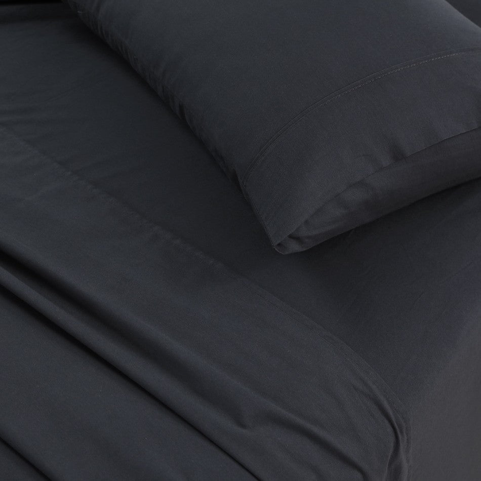 100% Egyptian Cotton Vintage Washed 500TC Charcoal bed sheets set, featuring fitted sheet, flat sheet, and matching pillowcases in a luxurious design.