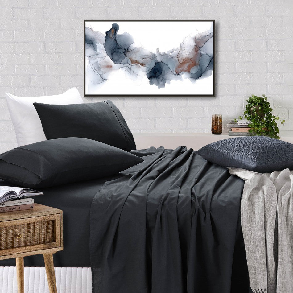 100% Egyptian Cotton Vintage Washed 500TC Charcoal Double Bed Sheets set displayed on a neatly made bed, showcasing its luxurious texture and color.